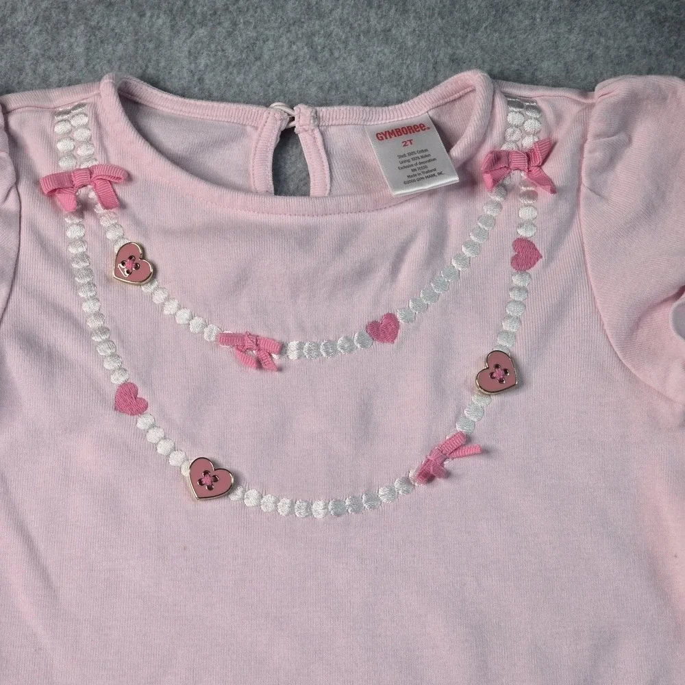 Gymboree Pink Ruffle Dress Embroidered Heart Necklace 3D Bows Girls‎ 2T Toddler